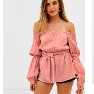 ASOS Off Shoulder Textured Top with Wrap Belt